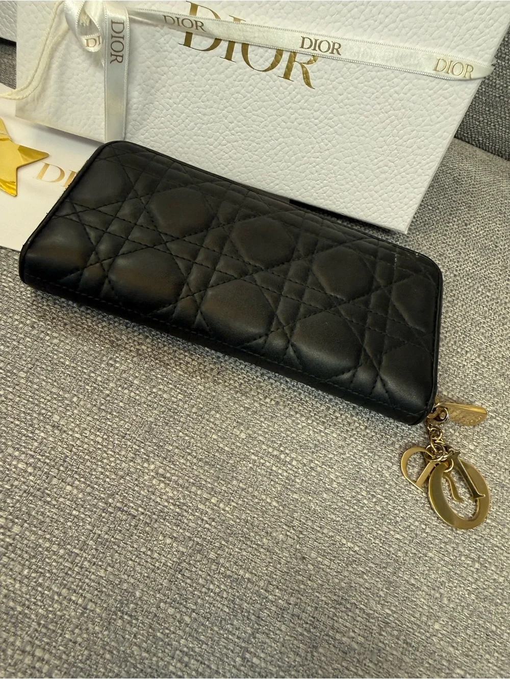 Dior Black Quilted Lady Dior Voyauger Zip Wallet with Gold Charms
